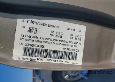 2006 Chrysler 300 z USA, uszkodzony, nr VIN 2C3KA43R46H489759